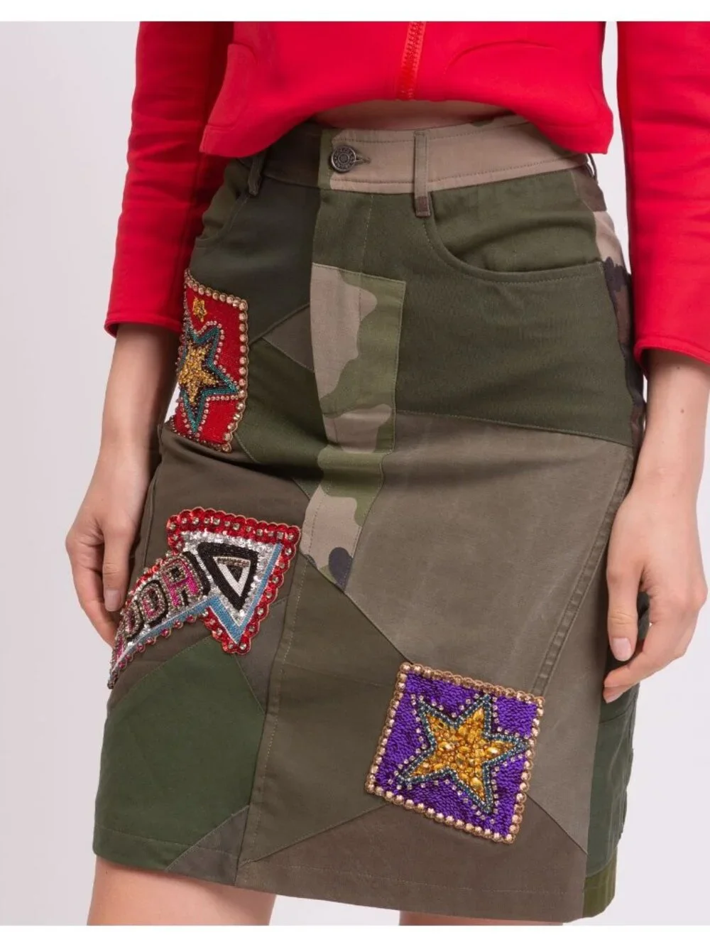 NWT $3769 Dolce & Gabbana Patchwork Rhinestones Pencil Skirt Green Camo Size 0